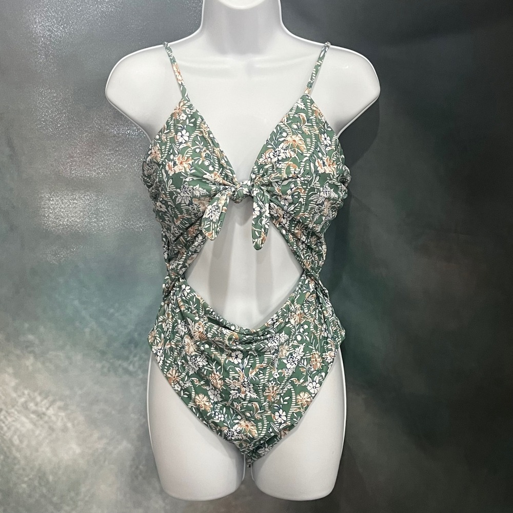 Veronica Beard Green Floral Tie Front Cutout Monokini One Piece Swimsuit XL NEW